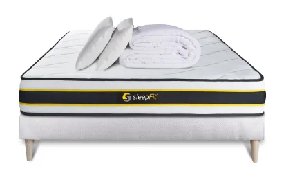 Pack lit complet 160x200 cm - Matelas + Sommier Blanc (en kit) + 2 oreillers + Couette - Flexy
