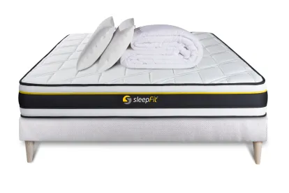 Pack lit complet 140x200 cm - Matelas + Sommier Blanc (en kit) + 2 oreillers + Couette - Soft