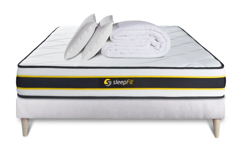 Pack lit complet 140x190 cm - Matelas + Sommier Blanc + 2 oreillers + Couette - Flexy