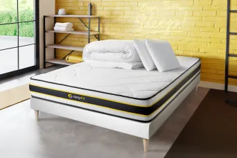 Pack lit complet 140x190 cm - Matelas + Sommier Blanc (en kit) + 2 oreillers + Couette - Flexy