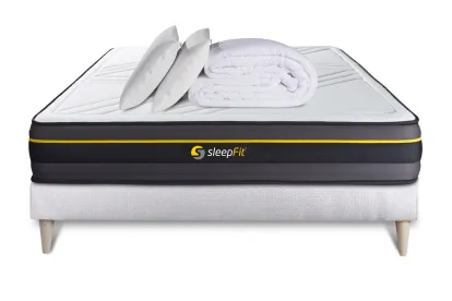 Pack lit complet 180x200 cm - Matelas + Sommier Blanc (en kit) + 2 oreillers + Couette - Active