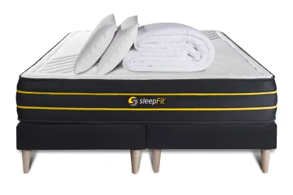 Pack lit complet 180x200 cm - Matelas + 2 Sommiers noirs + 2 oreillers + Couette - Ultra