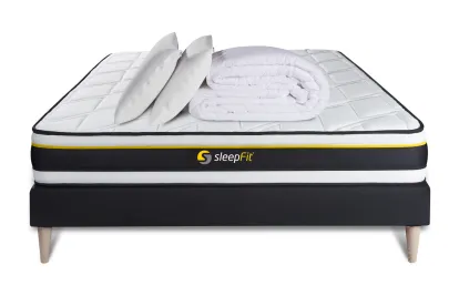 Pack lit complet 160x200 cm - Matelas + Sommier Noir + 2 oreillers + Couette - Soft