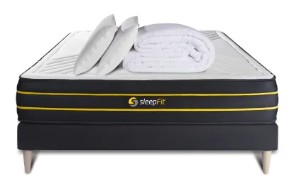 Pack lit complet 160x200 cm - Matelas + Sommier Noir + 2 oreillers + Couette - Ultra